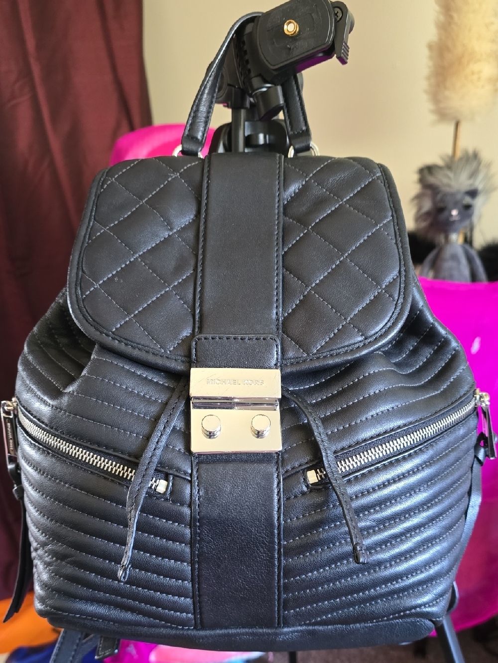 Michael Kors Black Quilted Leather Backpack with silver Hardware